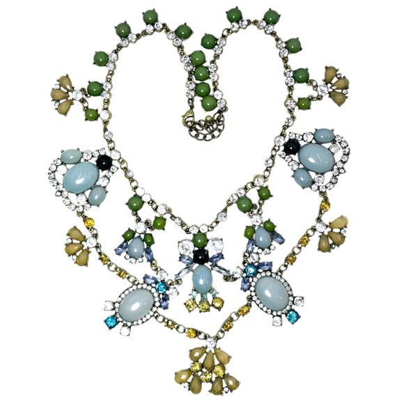 Chunky Chandelier Gold Tone Bib Statement Necklace Faceted Rhinestones Cabochons - Picture 3 of 8